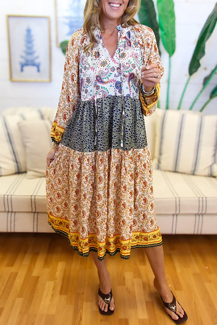 Mix Boho Patchwork Print Tiered Midi Dress