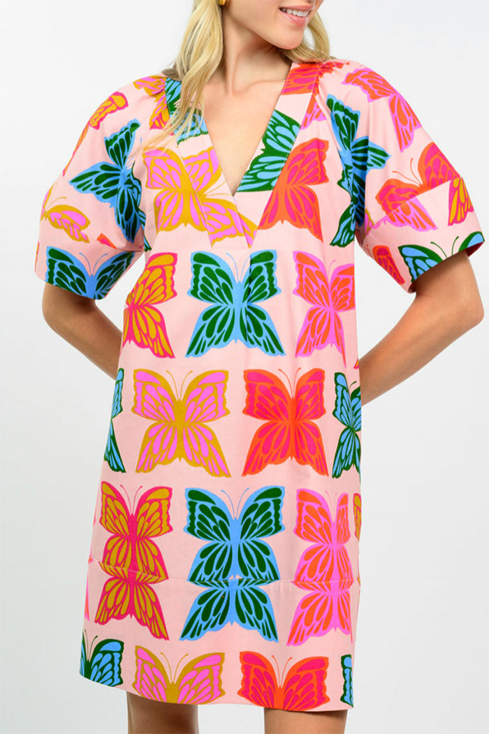 Colorful Butterfly Short Sleeve Dress