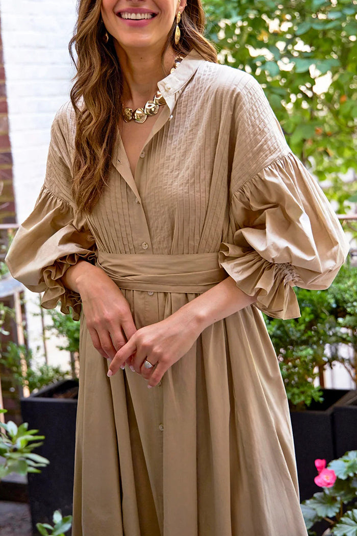 Puff Sleeves Belted Shirt Dress