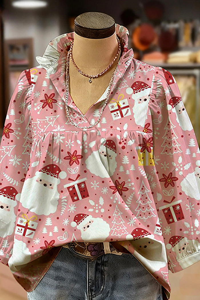 Snowman Print Ruffled V-Neck Puff-Sleeve Blouse