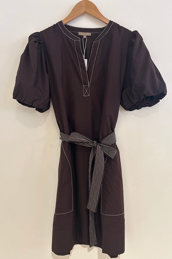 V-Neck Puff Sleeve Belt Dress