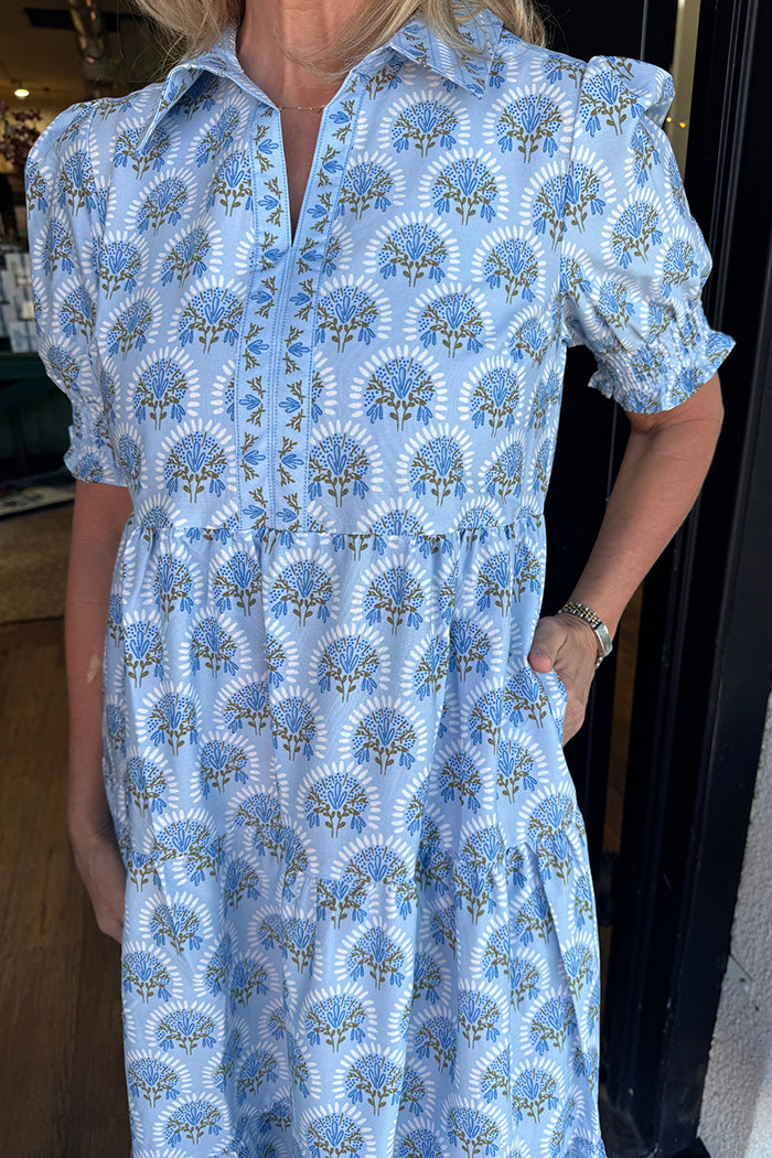Blue Floral Tiered Pocketed Dress