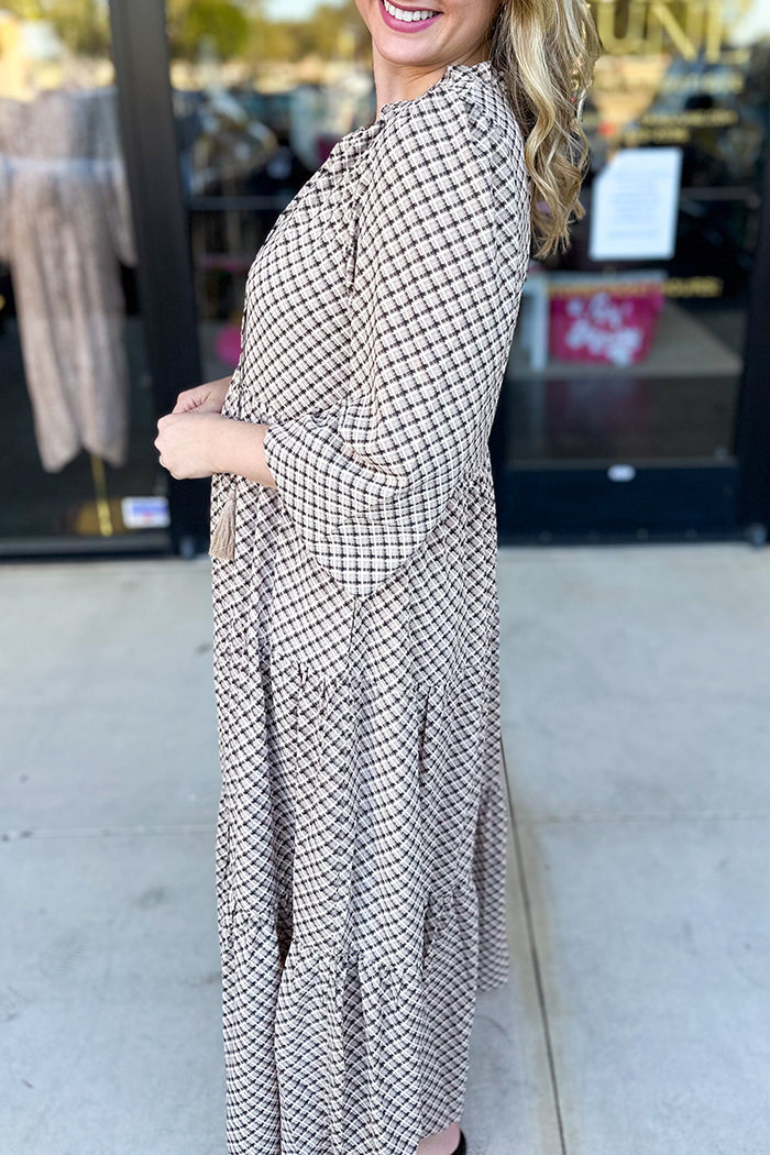 Ruffled Sleeve Checked Pocket Midi Dress