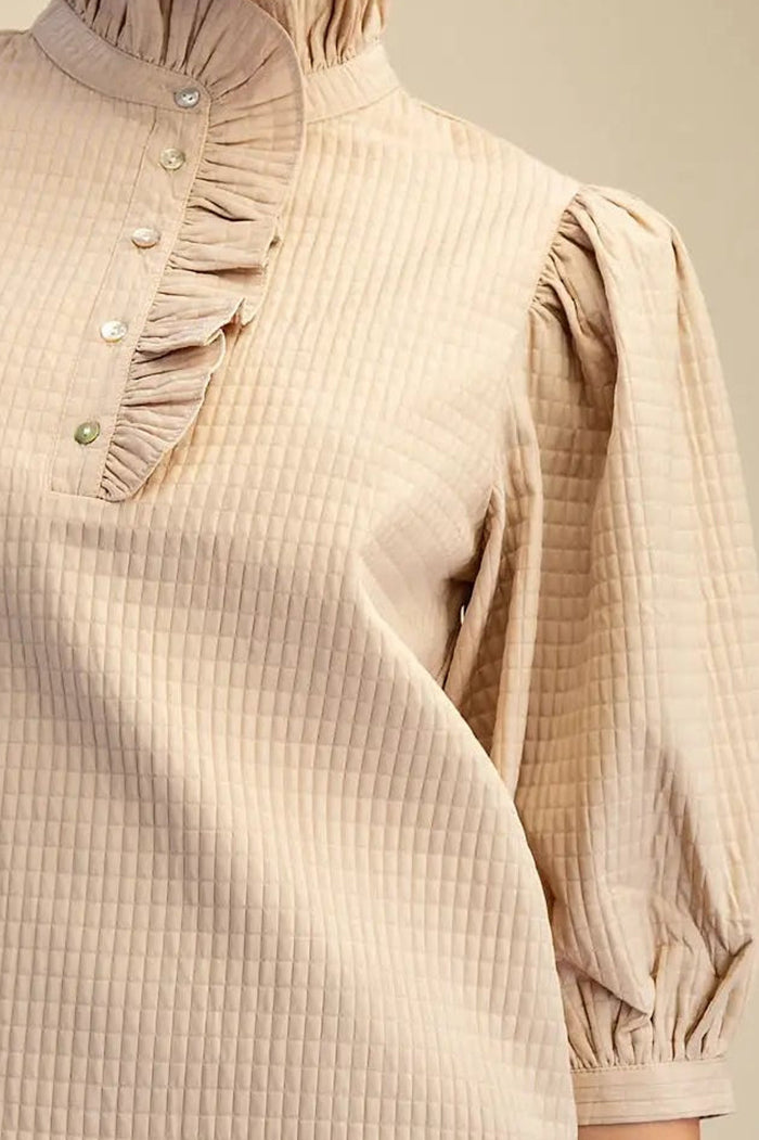 Textured Ruffle Neck Puff Sleeve Blouse