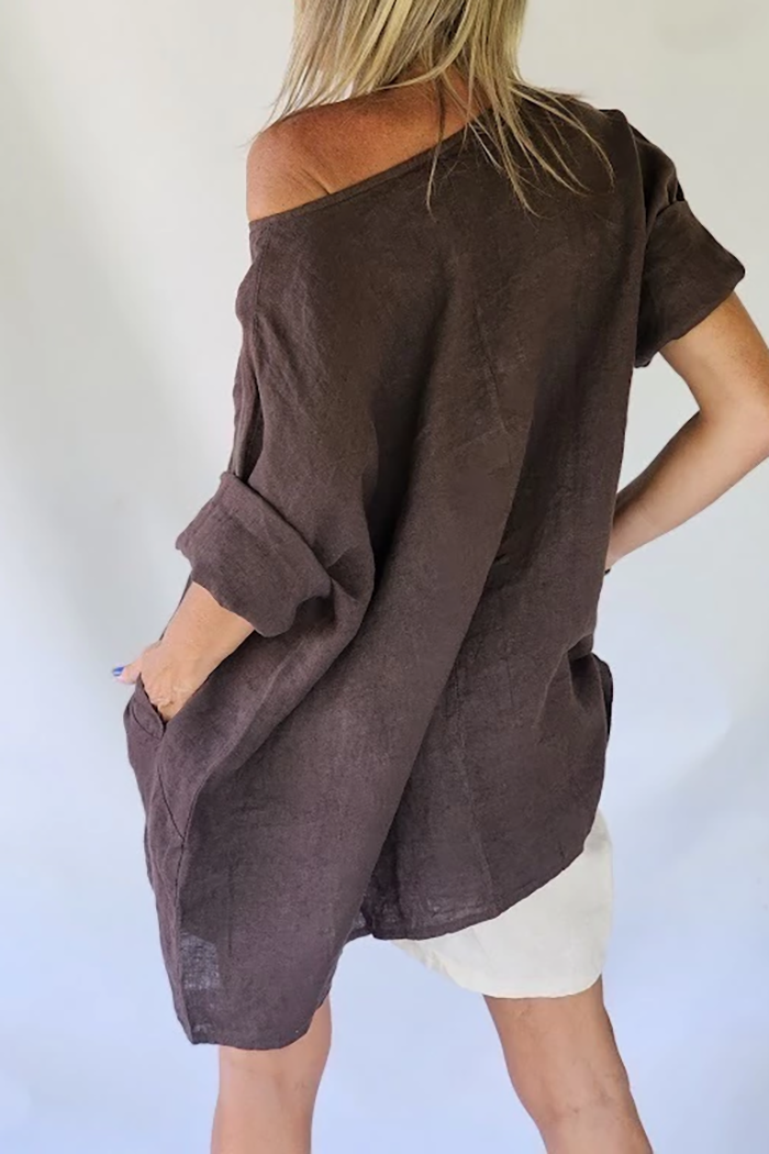 Henley Neck Pocket Loose Top Shorts Set