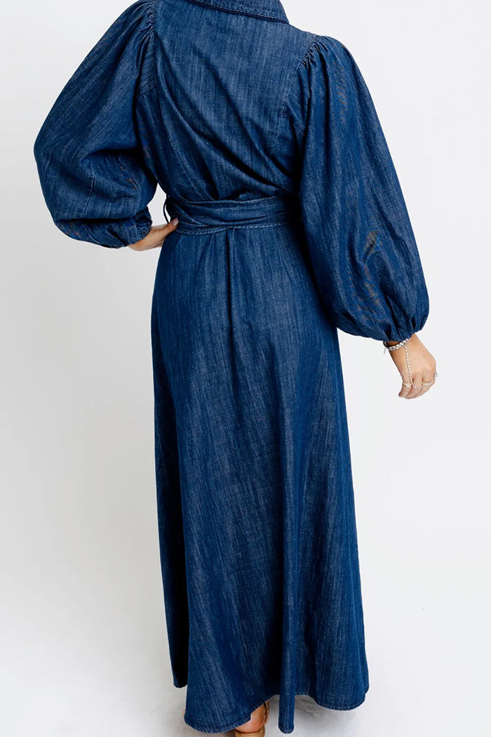 Dark Denim Belted Puff Sleeve Maxi Dress