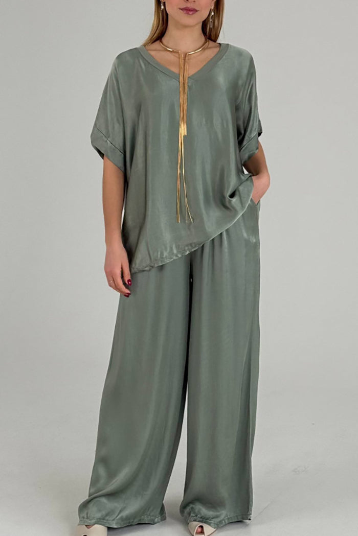 Casual Short Sleeve Wide Leg Pants Set