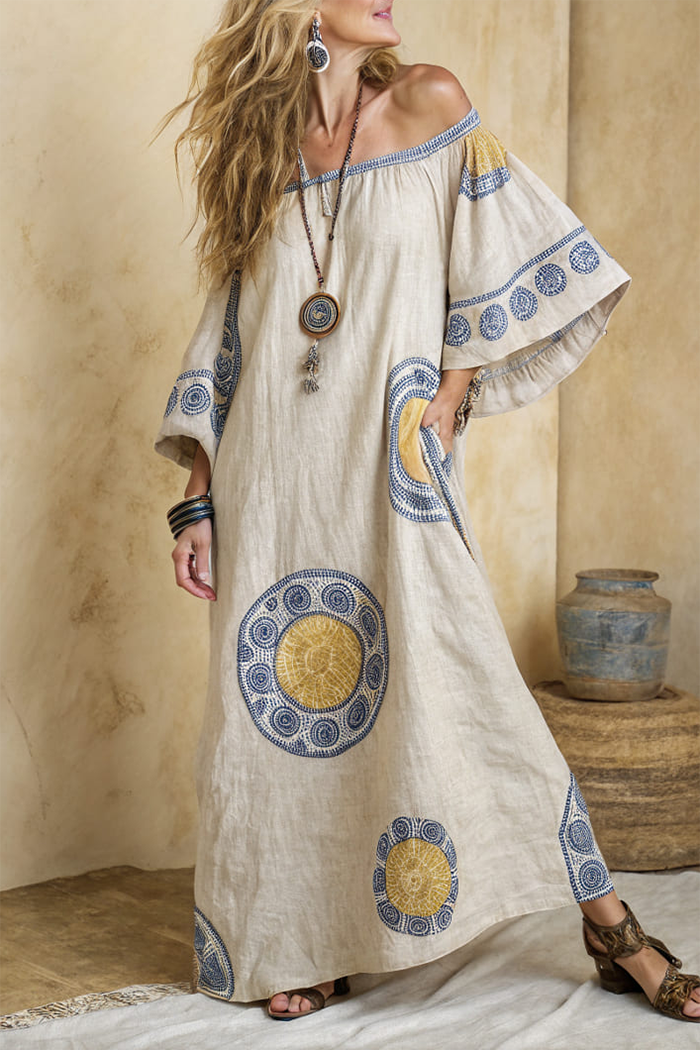 Bell Sleeve Printed Pocket One Shoulder Dress