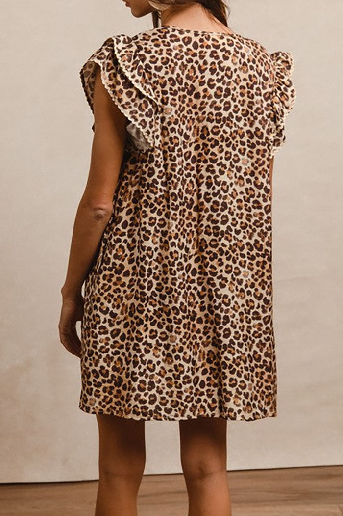 Leopard Ruffle Sleeve Pocket Dress