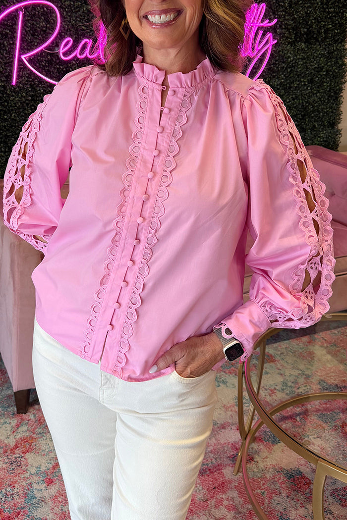 Ruffled Collar Open-Work Lace Top