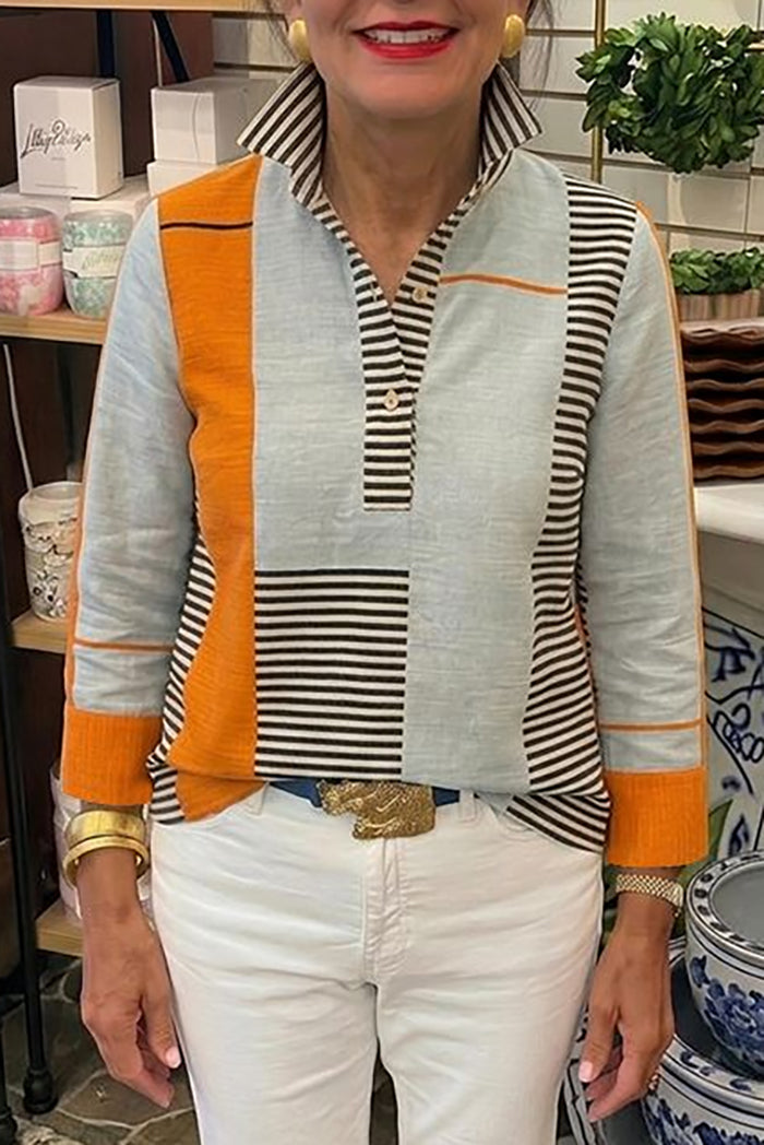 Color Block Stripe Collared Sleeve Popover Top