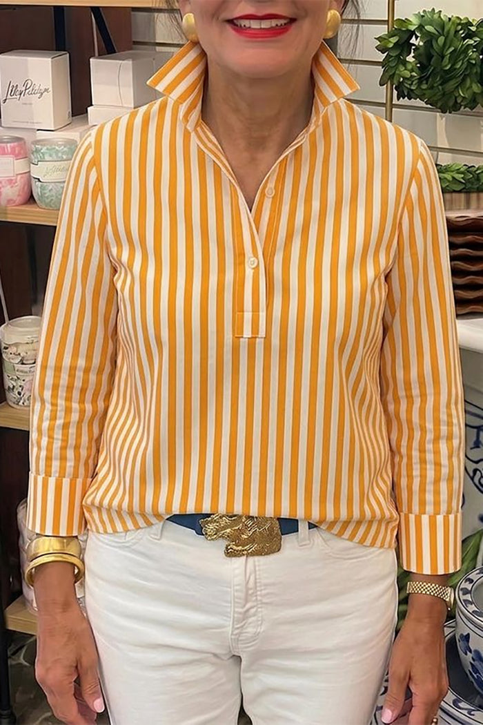 Yellow Vertical Stripe Collared Popover Top