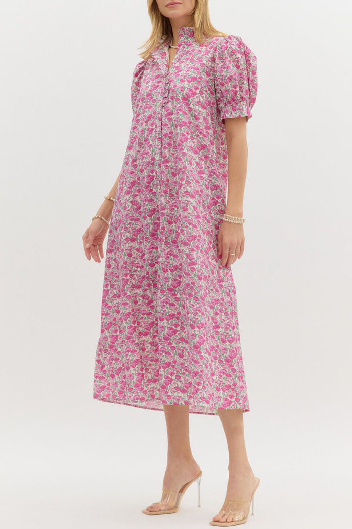 Floral Ruffles Puff Sleeves Pockets Dress