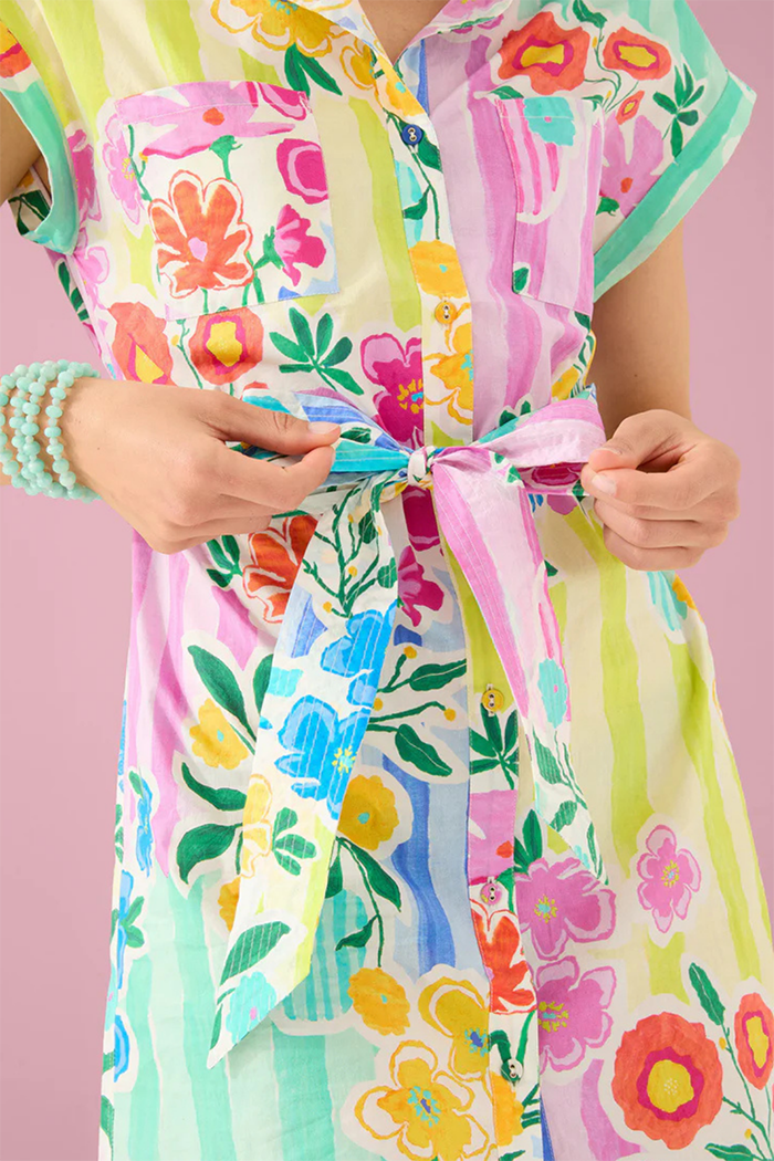 Colorful Floral Curved Hem Button Dress