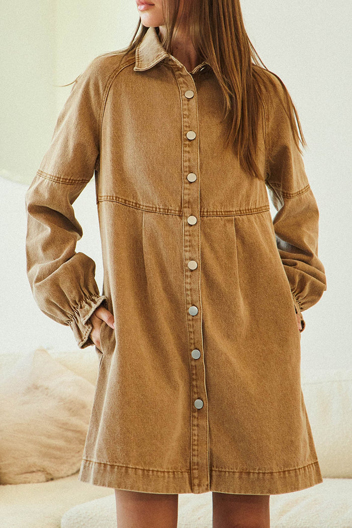 Ruffled-Sleeve Pocket Button-Front Dress