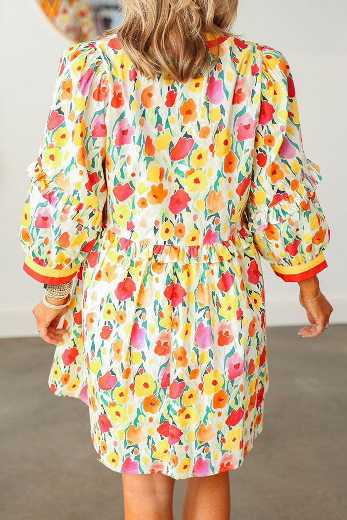 Stripe Trim Floral Pocket Dress