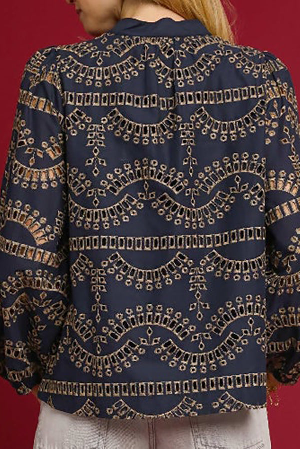 Casual Eyelet Subtle Collar Top