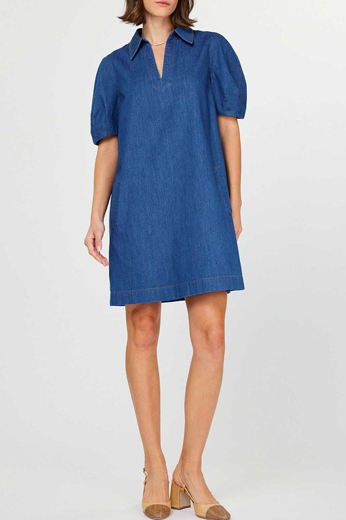 short sleeve denim dress with pockets Medium Wash Short Sleeve Denim Mini Dress  Madida Clothing
