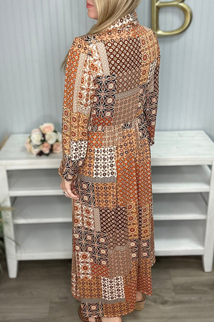 Rust Patchwork Pocket Midi Dress