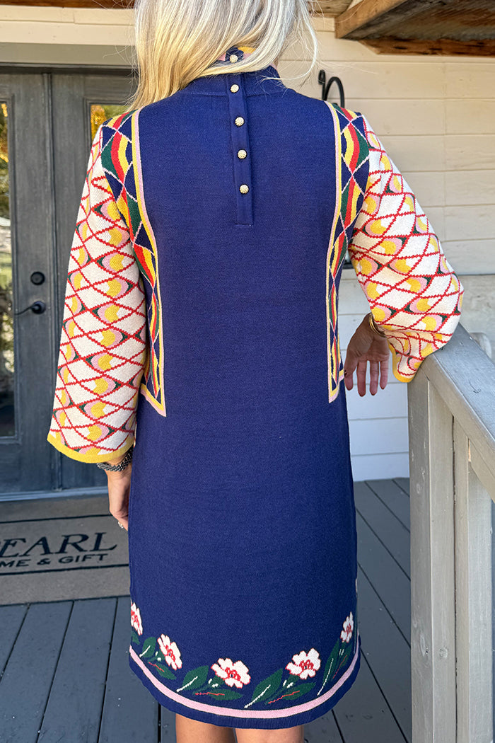 Geometric Pattern High Neck Knit Dress