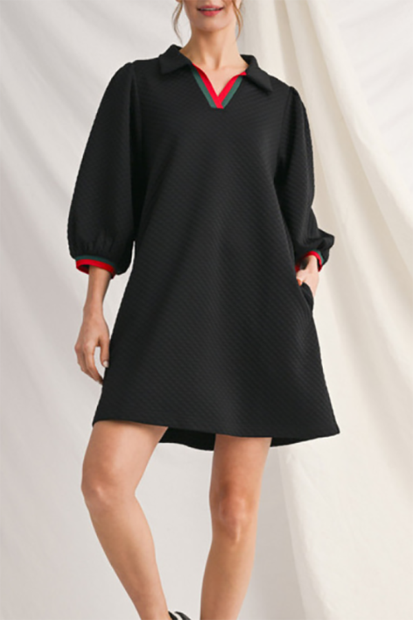Stripes Trim Puff Sleeve Dress