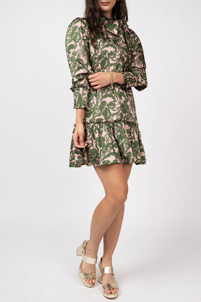 Bow Neck Tie Ruffle Hem Dress