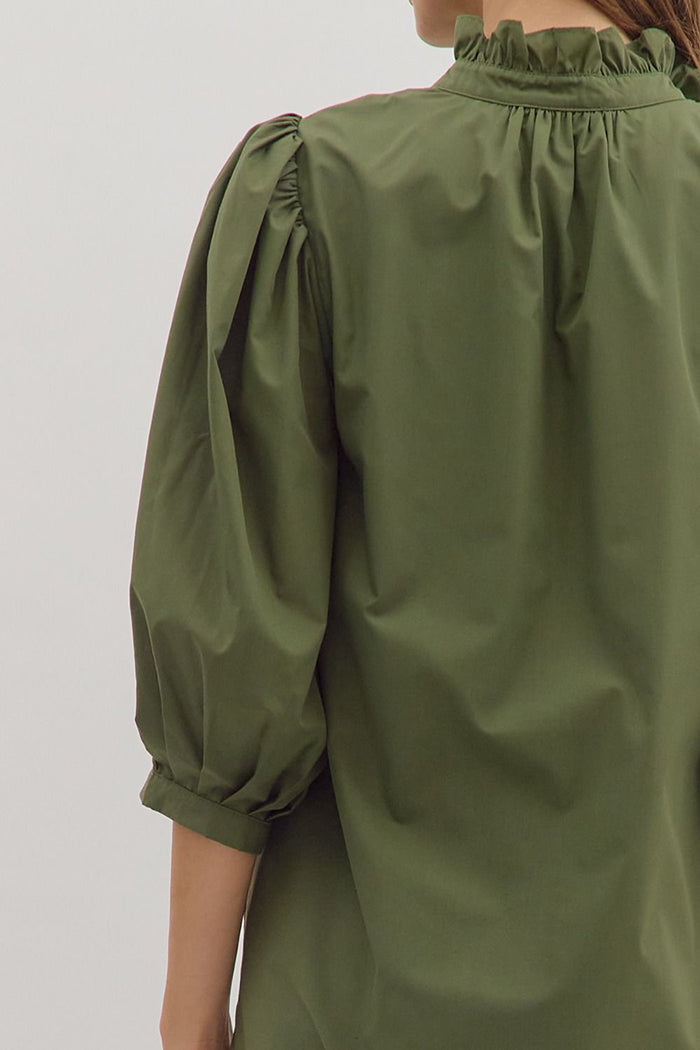 3/4 Puff Sleeve Scallop Hem Pocket Midi Dress