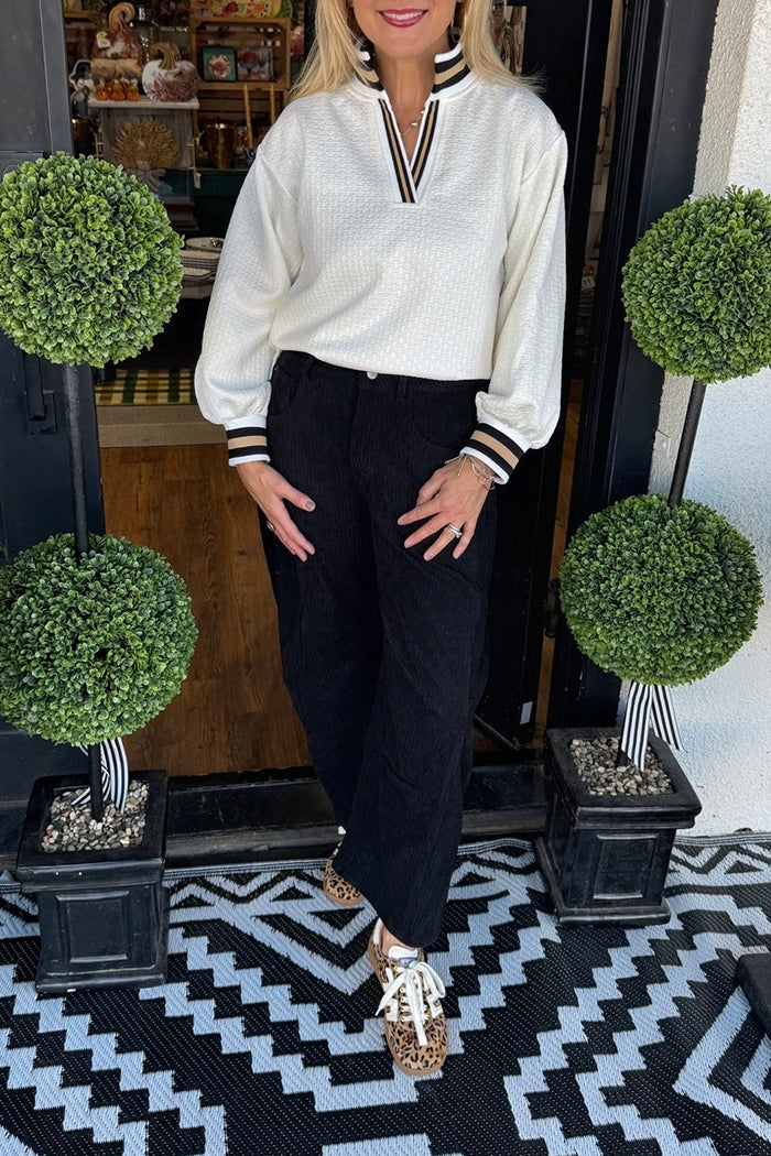 Mock-Neck Striped Trim Pullover Top