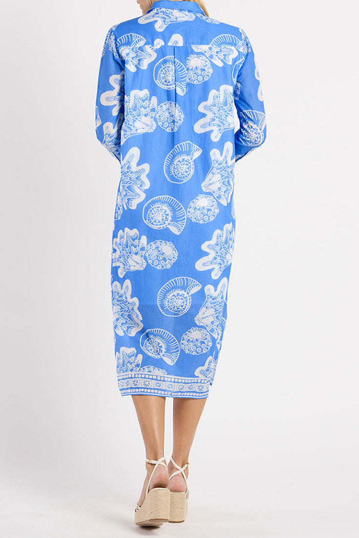 Shell Print Collared Long Sleeve Shirt Dress