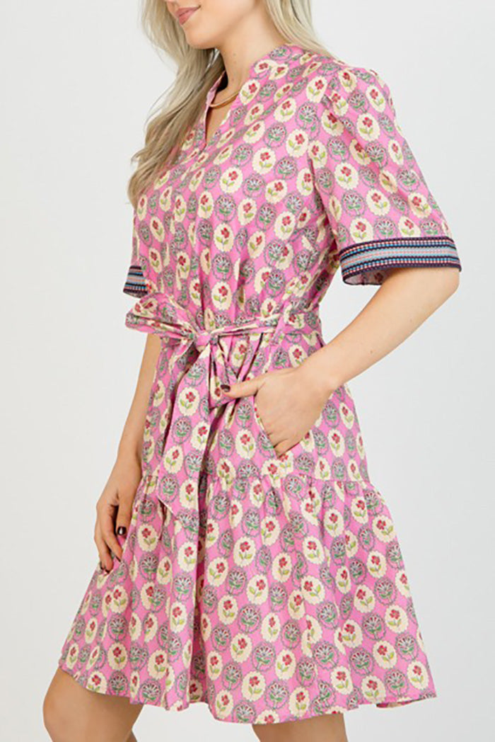Ruffled Hem Printed Tie Waist Dress