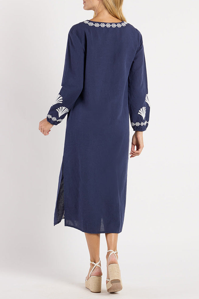 Navy Embroidered V-Neck Midi Dress