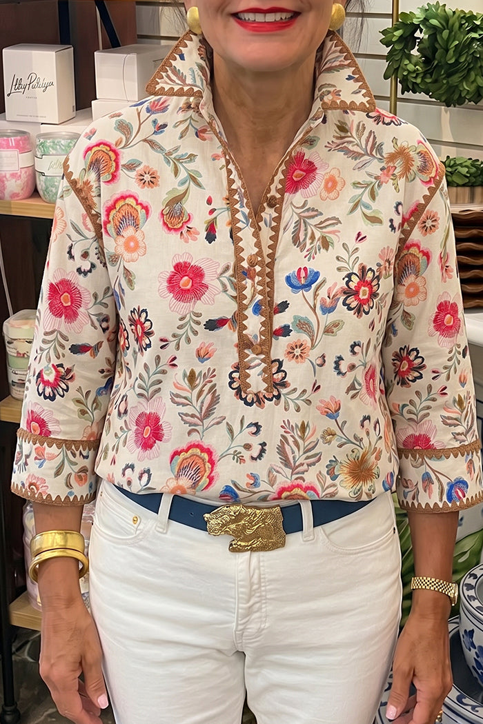 Floral Cuff Trim Popover Top