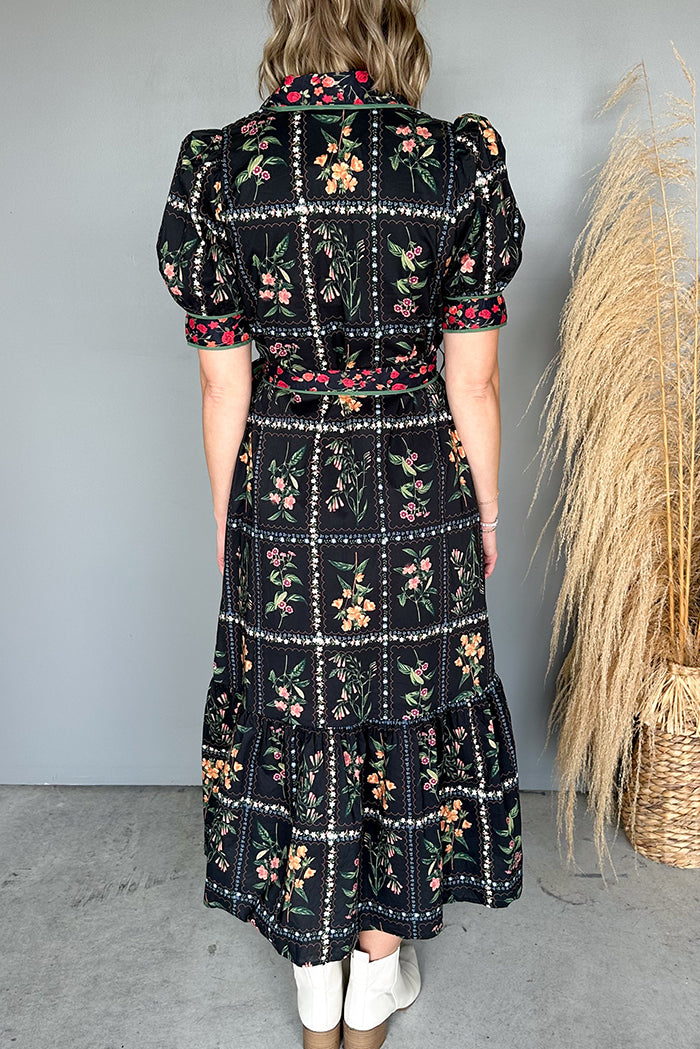 Floral Checkered Puff-Sleeve Pocketed Midi Dress