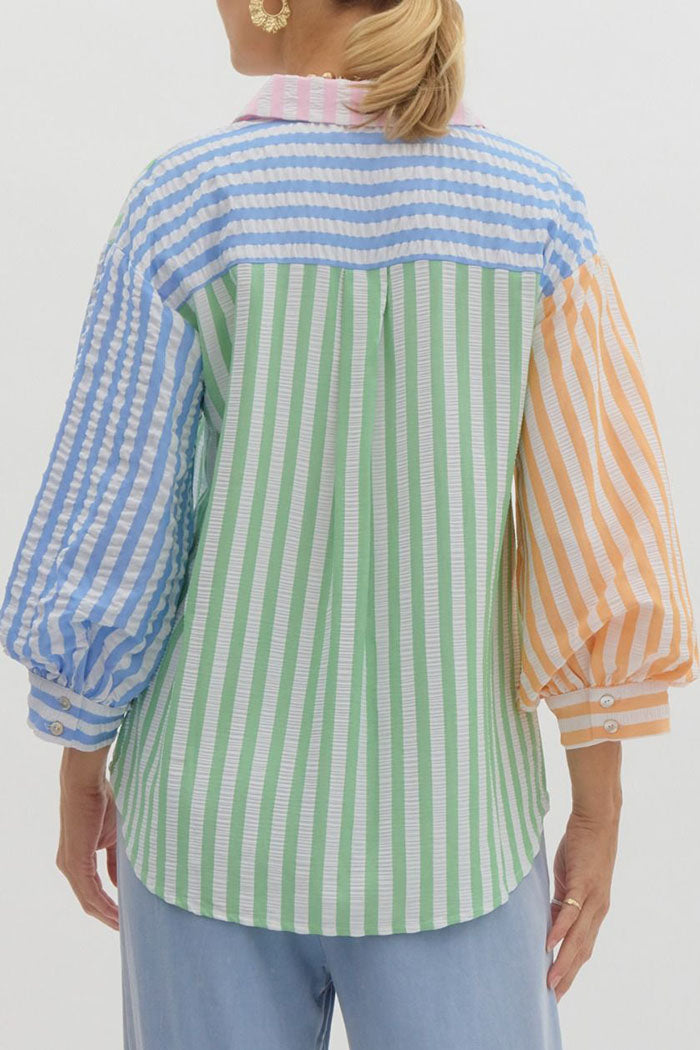 Striped Color block Button Top