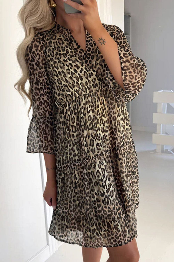 Leopard Print Relaxed Fit Notched Dress