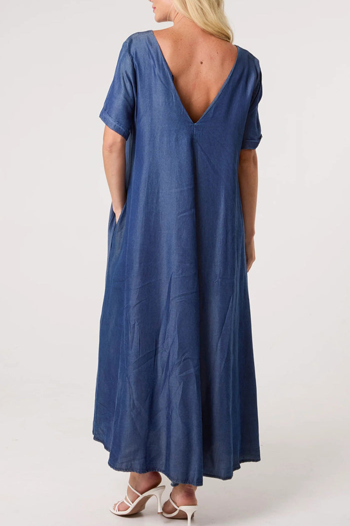 Denim Double V-Neck Maxi Dress
