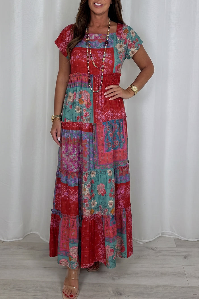 Multi Floral Patchwork Tiered Maxi Dress