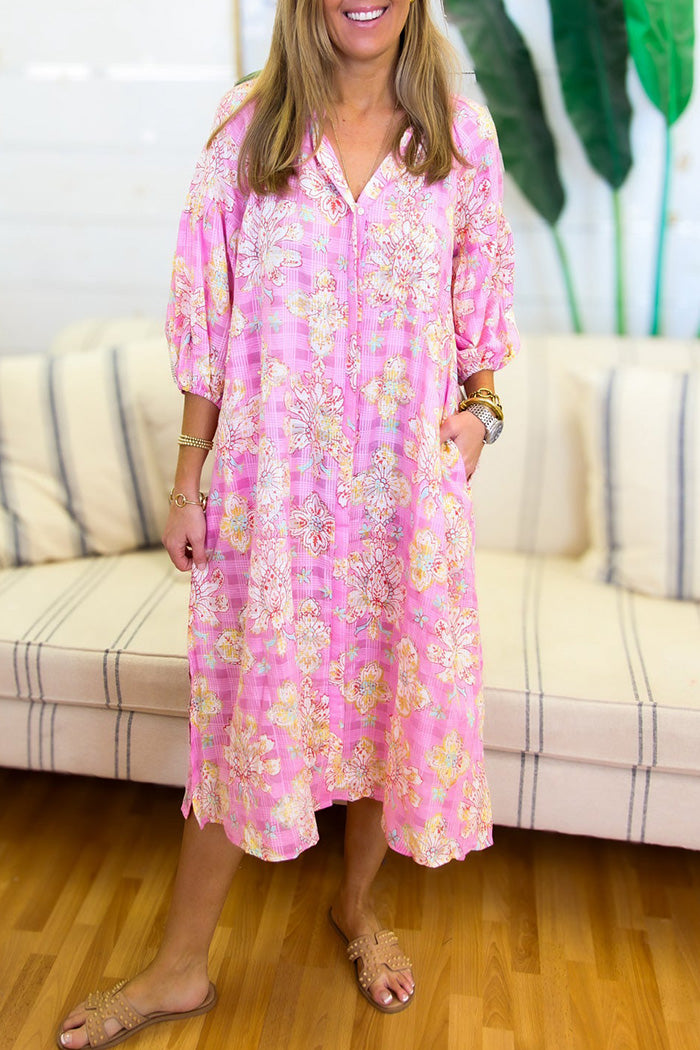 Printed Puff Sleeve Pocketed Maxi Dress