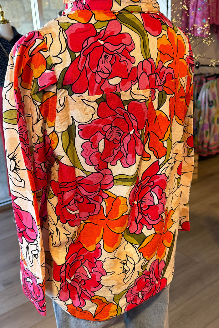 Bold Floral Print Contrast Collar Top