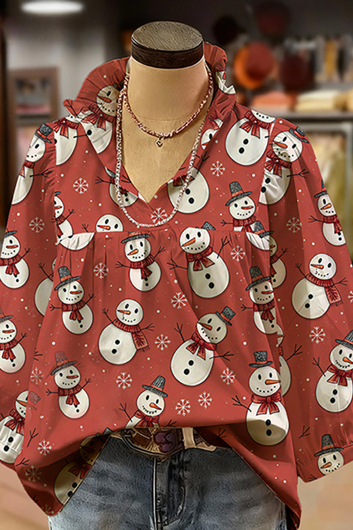 Snowman Print Ruffled V-Neck Puff-Sleeve Blouse