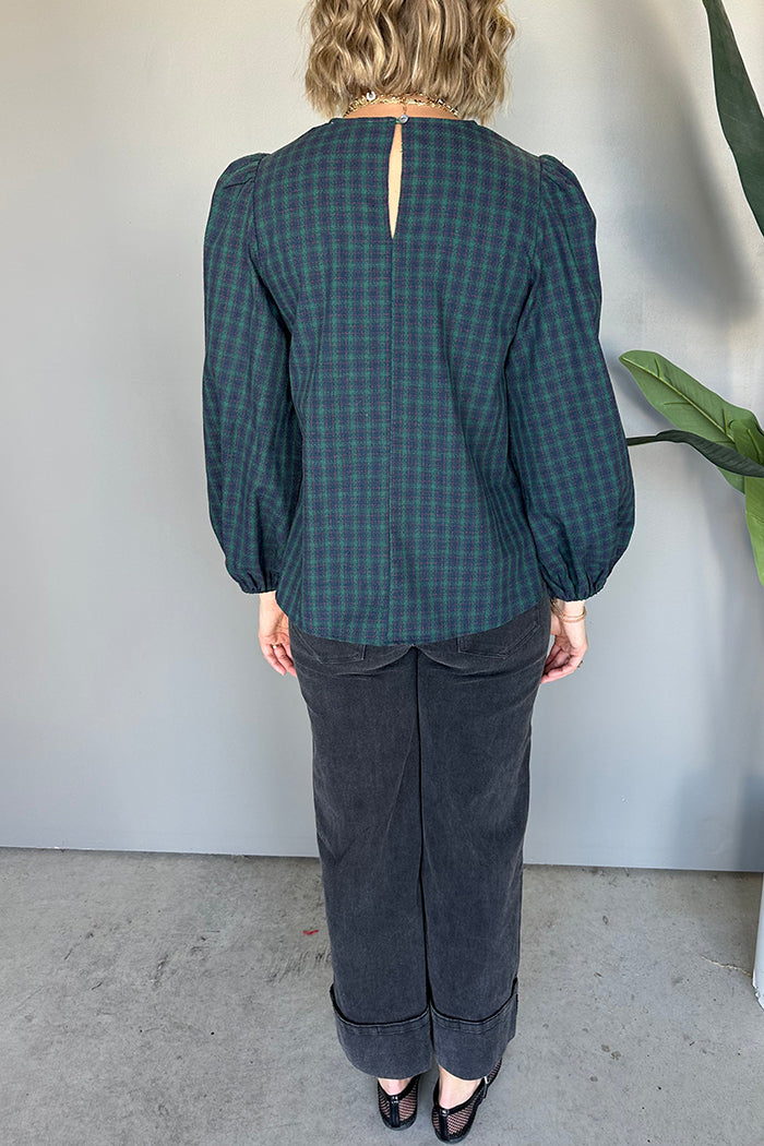 Plaid Crew Neck Puff-Sleeve Blouse
