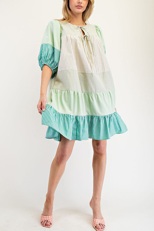 Half Sleeve Striped Color Tiered Dress