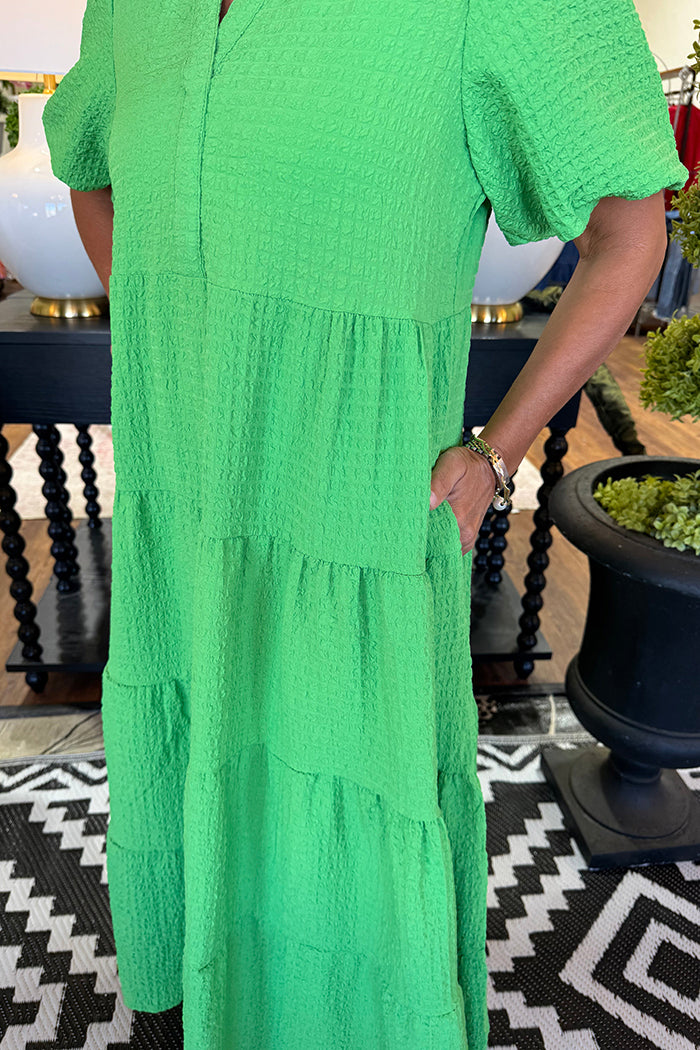 Green Tiered Pocket Puff Sleeve Dress