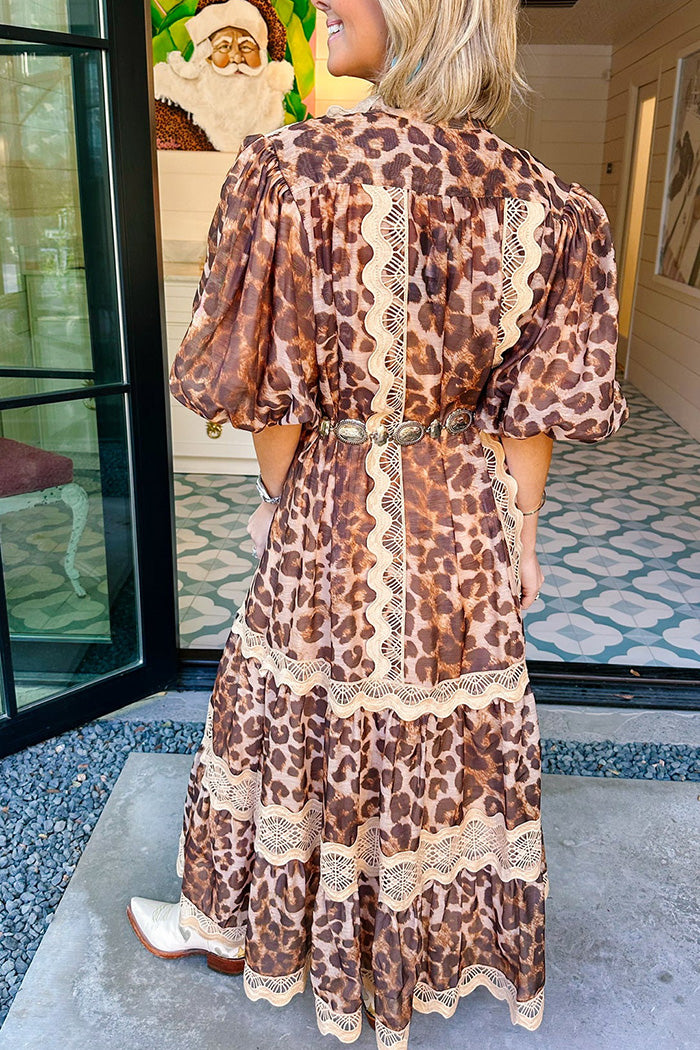 Leopard Lace Button Front Belted Midi Dress