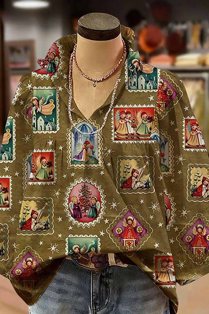 Print Ruffled V-Neck Puff-Sleeve Blouse