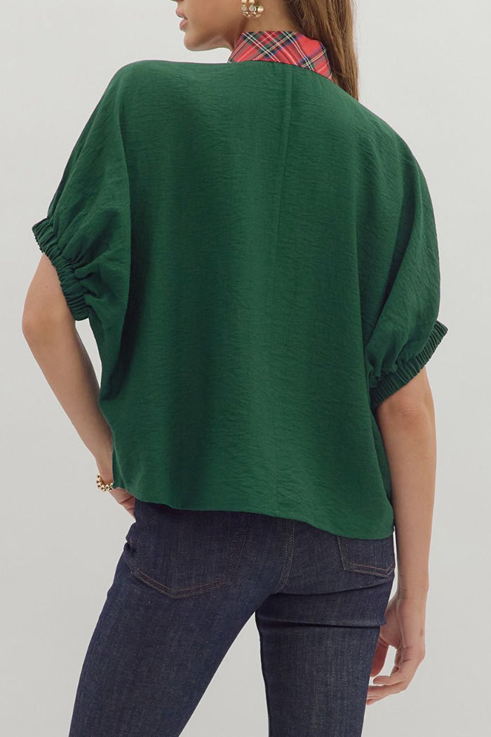 Plaid Layered Collar Dolman-Sleeve Blouse