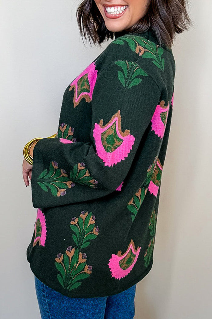 Floral Motif Mock-Neck Knit Sweater