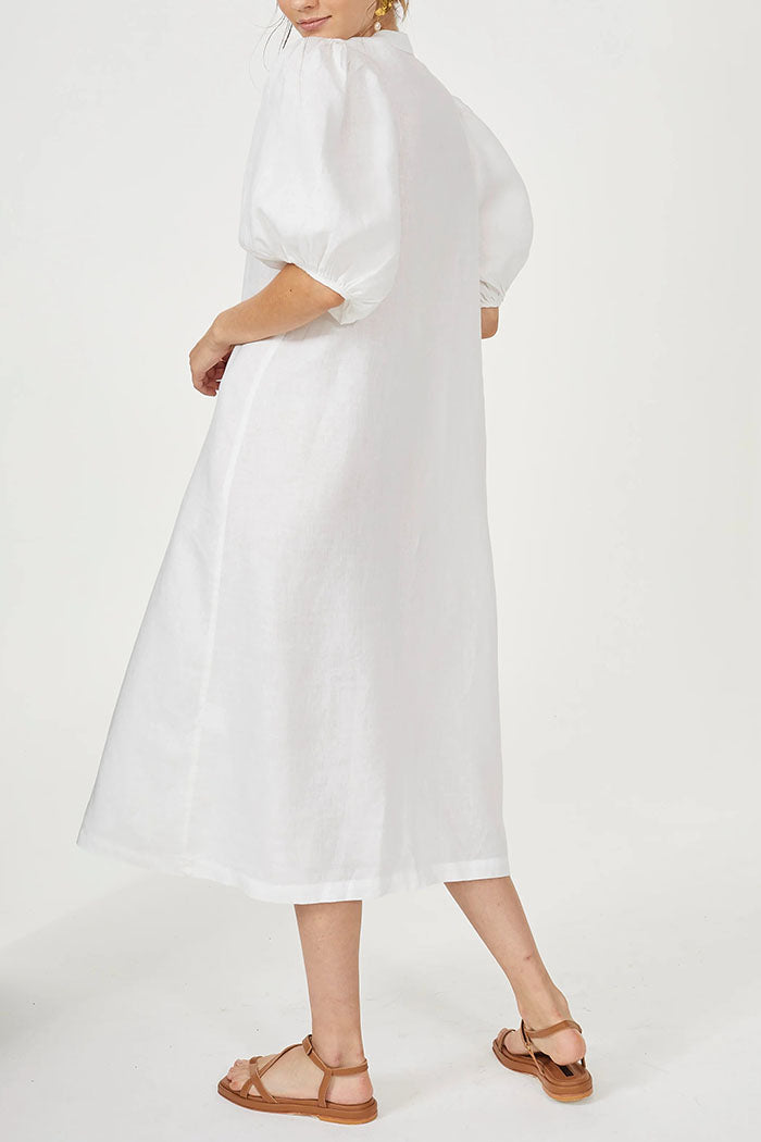 Solid Color Puff Sleeve Button Dress