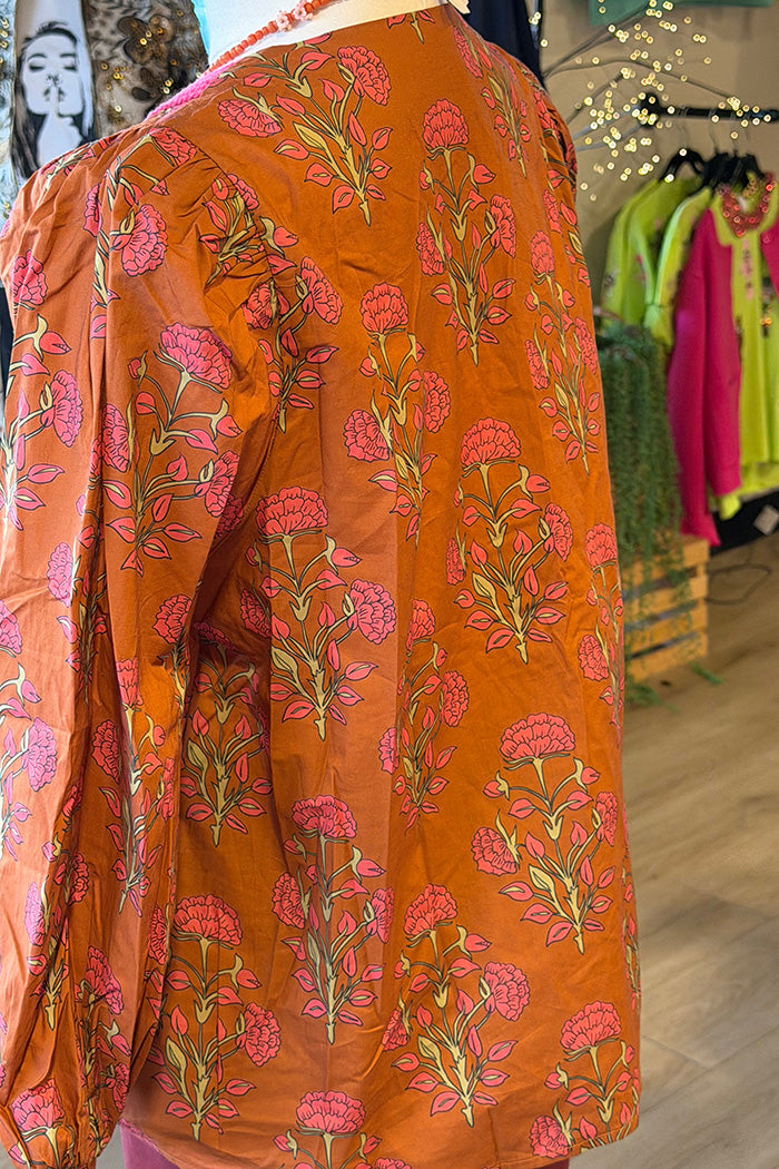 Puff Sleeve Contrast Embroidery Top