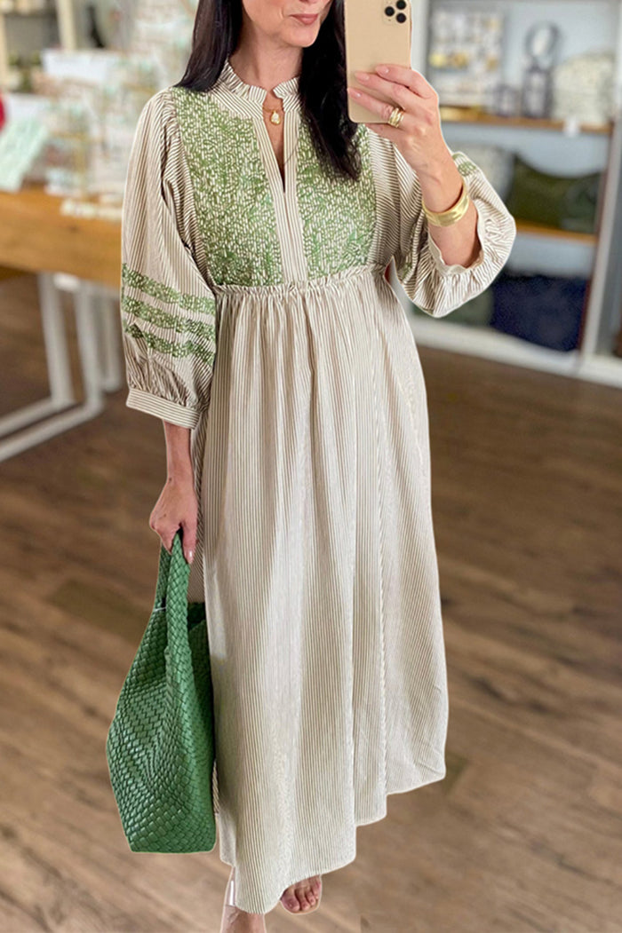 Embroidered Stripe Pocket Midi Dress